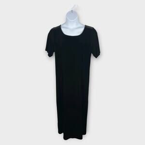 90s Black Maxi Velour Velvet Short Sleeve Back Slit Shift Dress XL